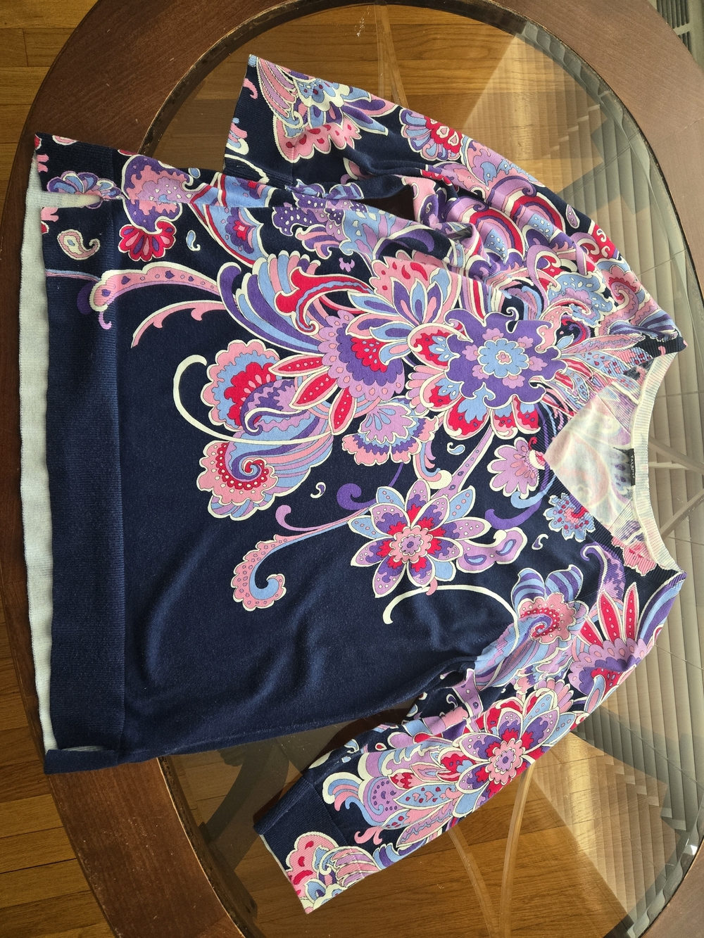 Talbots Navy V-Neck Sweater with Pink & Purple Floral Print